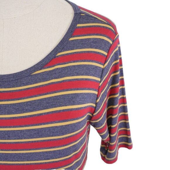 NEW LuLaRoe Julia Gray Red Striped Bodycon Dress Medium Short Sleeve Scoop Neck - Picture 2 of 9